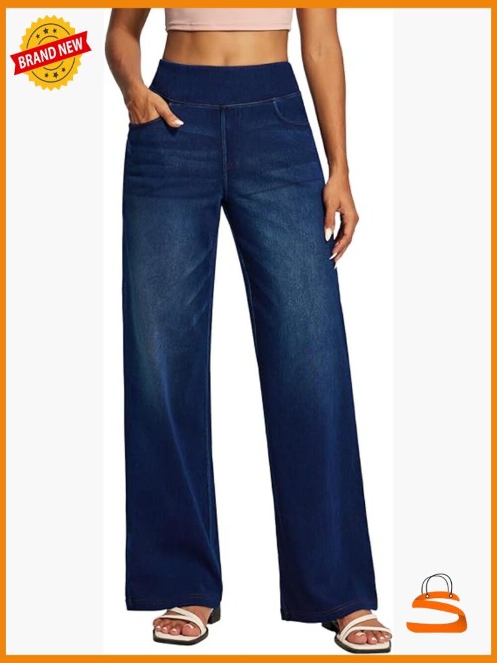 High Waisted Pull On Wide Leg Jeans Stretchy Denim Pants